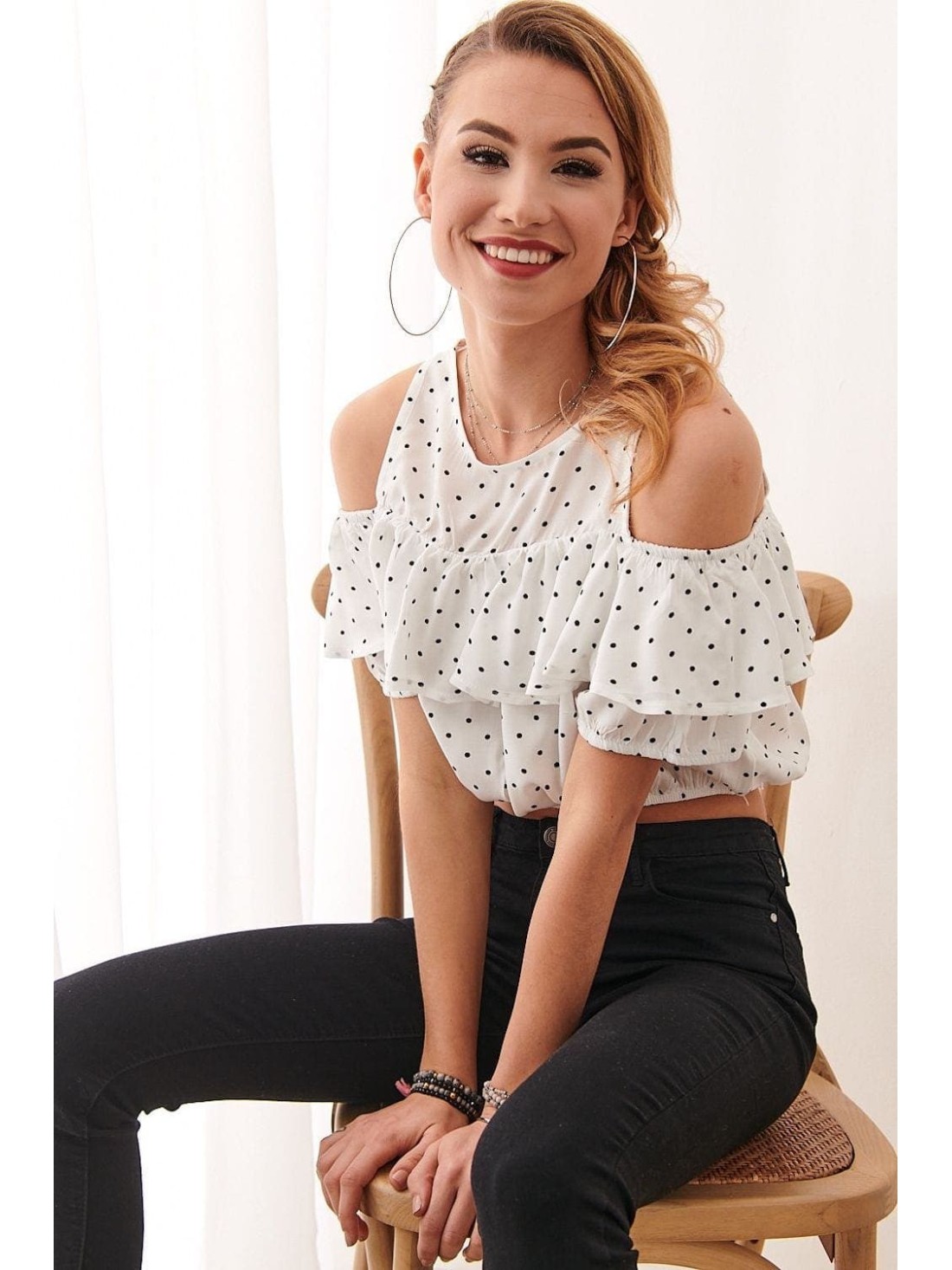 Cream short blouse with polka dots 21521 - Online store - Boutique